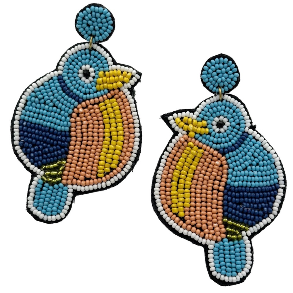 Quirky Blue Bird Beaded Post Drop Statement Earrings